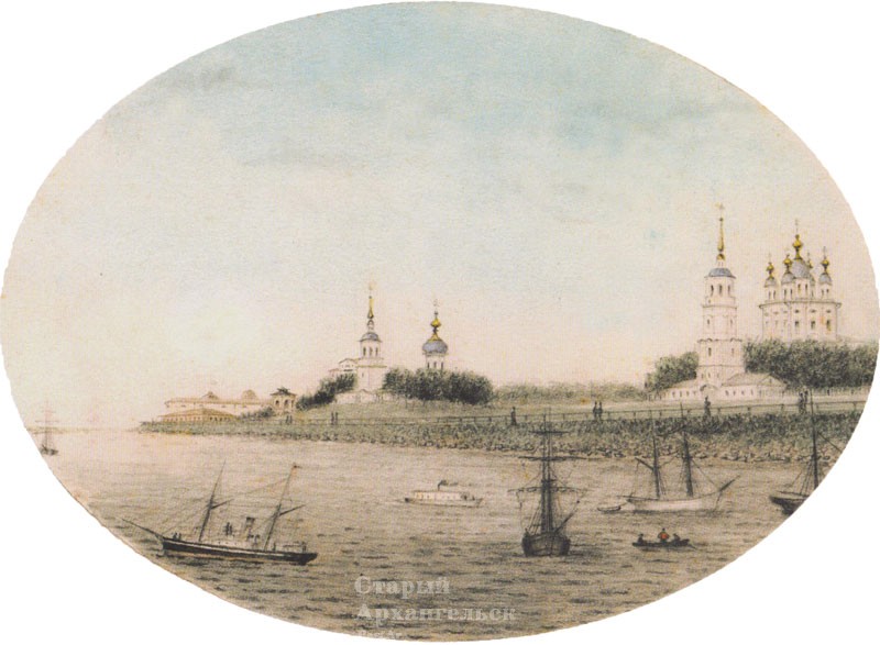 Вид на Троицкий собор со стороны реки. На заднем плане - Воскресенская, Архангельская церкви, Гостиный двор.